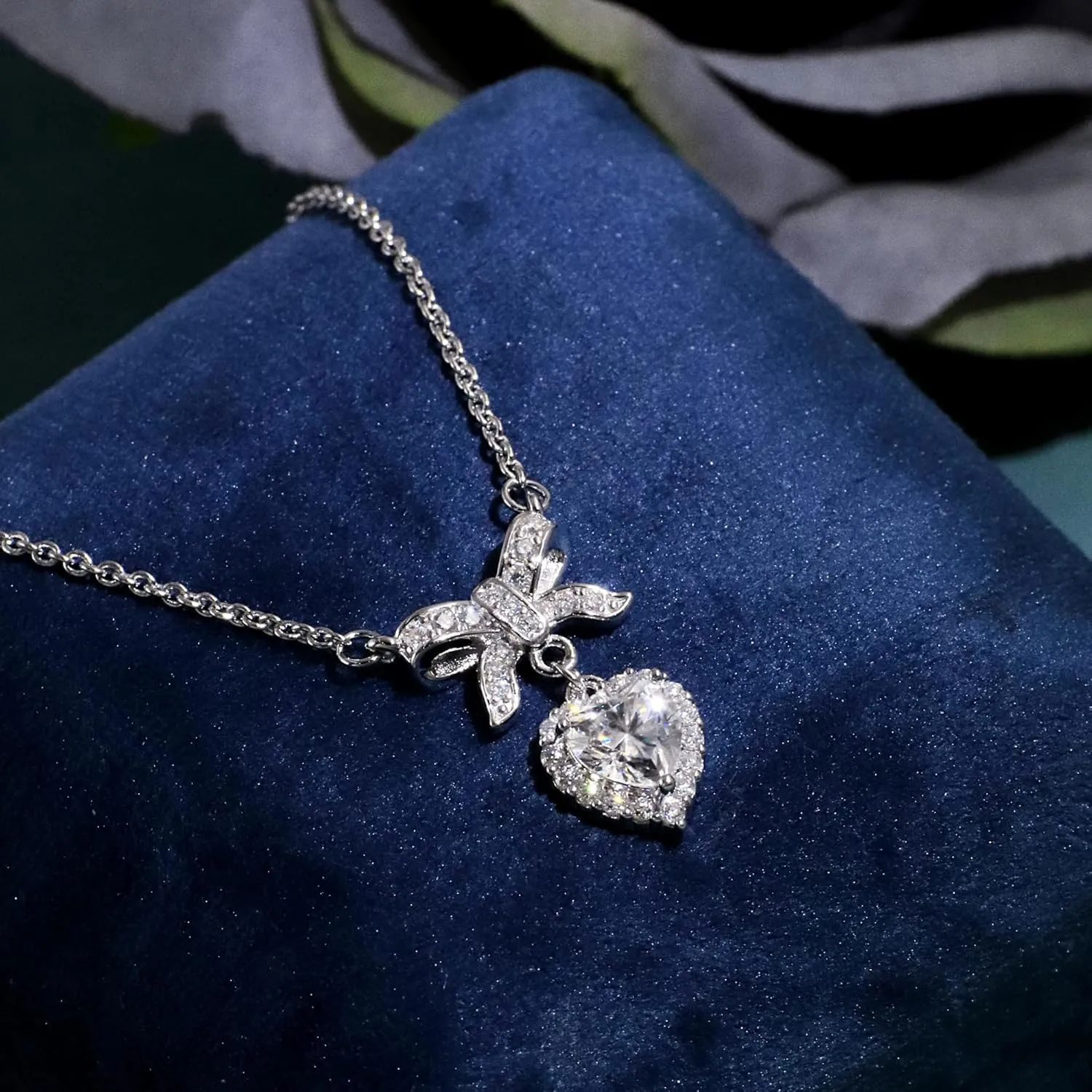 Sterling Silver Necklace for Women with Pendant DF Color VVS Clarity Lab Created Diamond Heart Moissanite Necklaces Choker Necklace with 18K White Gold Plated, 16 inch   2inch Chain