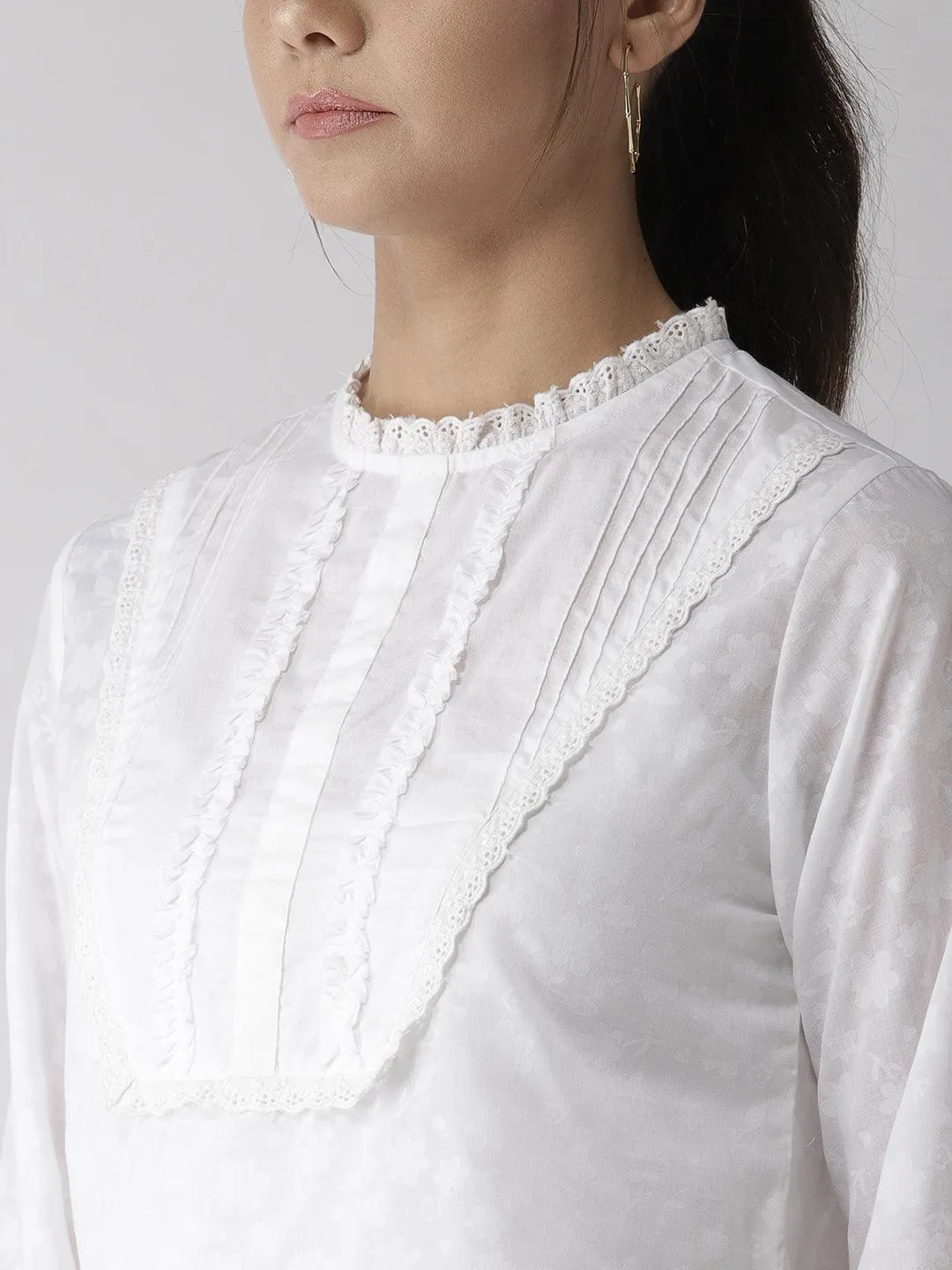 Style Quotient Women Self Design Floral White Cotton Regular Smart Casual Top