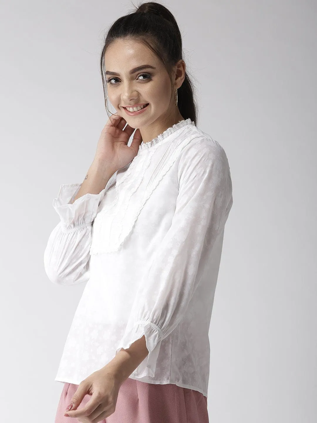 Style Quotient Women Self Design Floral White Cotton Regular Smart Casual Top