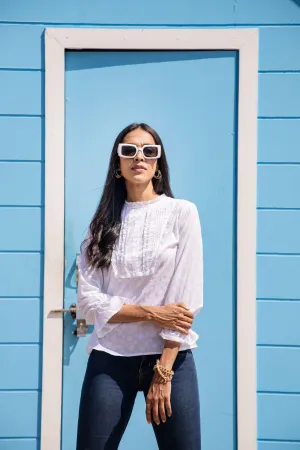 Style Quotient Women Self Design Floral White Cotton Regular Smart Casual Top
