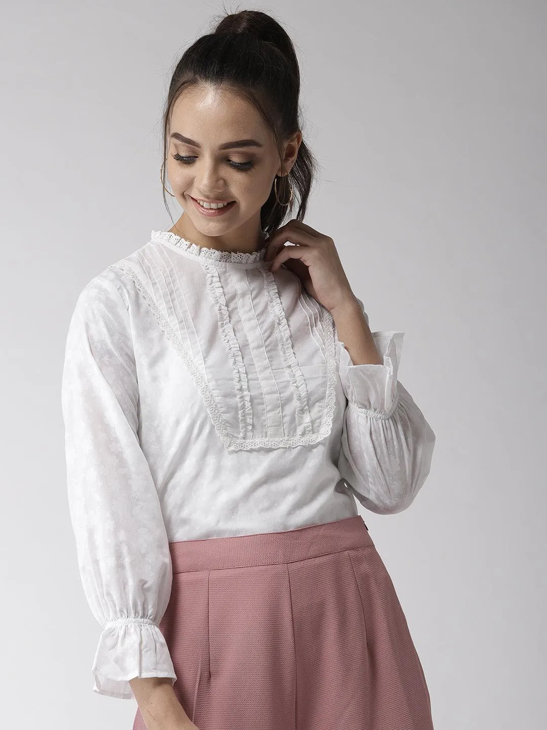 Style Quotient Women Self Design Floral White Cotton Regular Smart Casual Top