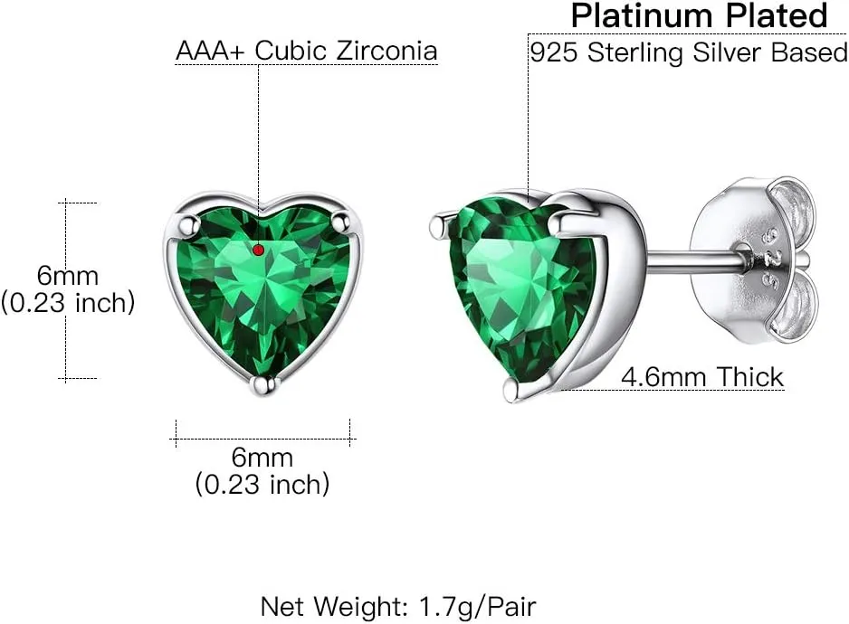 Suplight Dainty 925 Sterling Silver Birthstone Heart Crystal Necklace/Stud Earrings, Minimalist BirthStone Necklaces Earrings Jewelry for Women (with Gift Box)