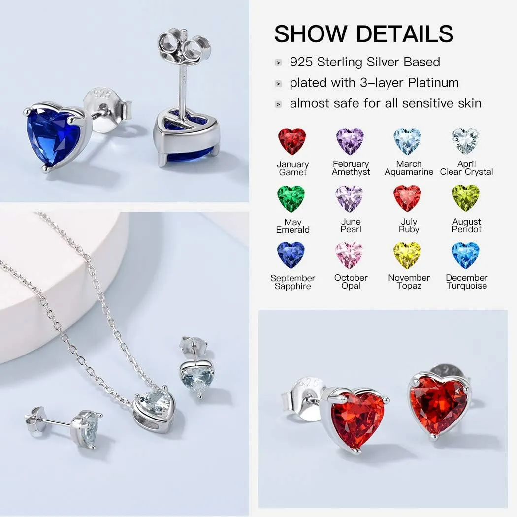 Suplight Dainty 925 Sterling Silver Birthstone Heart Crystal Necklace/Stud Earrings, Minimalist BirthStone Necklaces Earrings Jewelry for Women (with Gift Box)