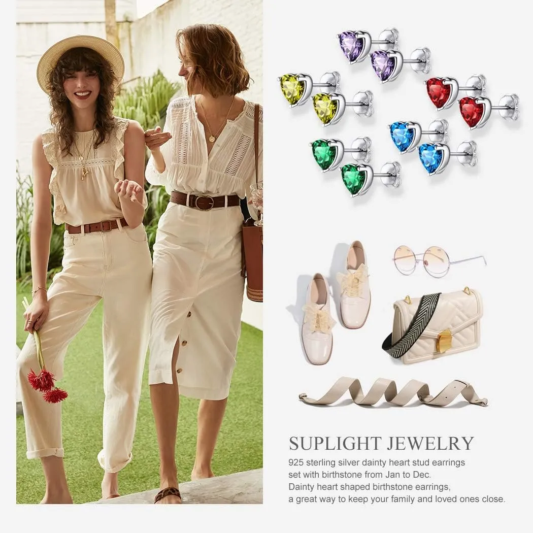 Suplight Dainty 925 Sterling Silver Birthstone Heart Crystal Necklace/Stud Earrings, Minimalist BirthStone Necklaces Earrings Jewelry for Women (with Gift Box)