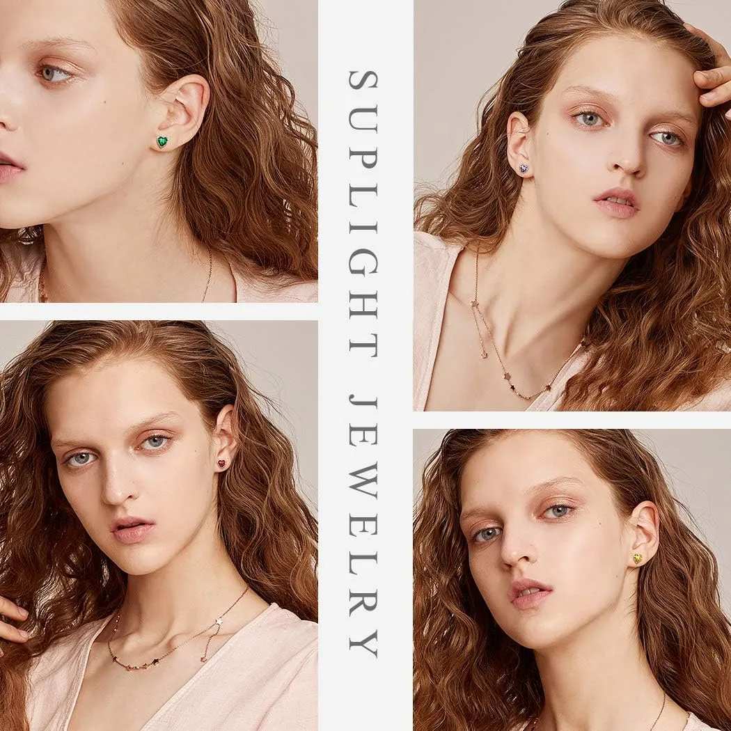 Suplight Dainty 925 Sterling Silver Birthstone Heart Crystal Necklace/Stud Earrings, Minimalist BirthStone Necklaces Earrings Jewelry for Women (with Gift Box)