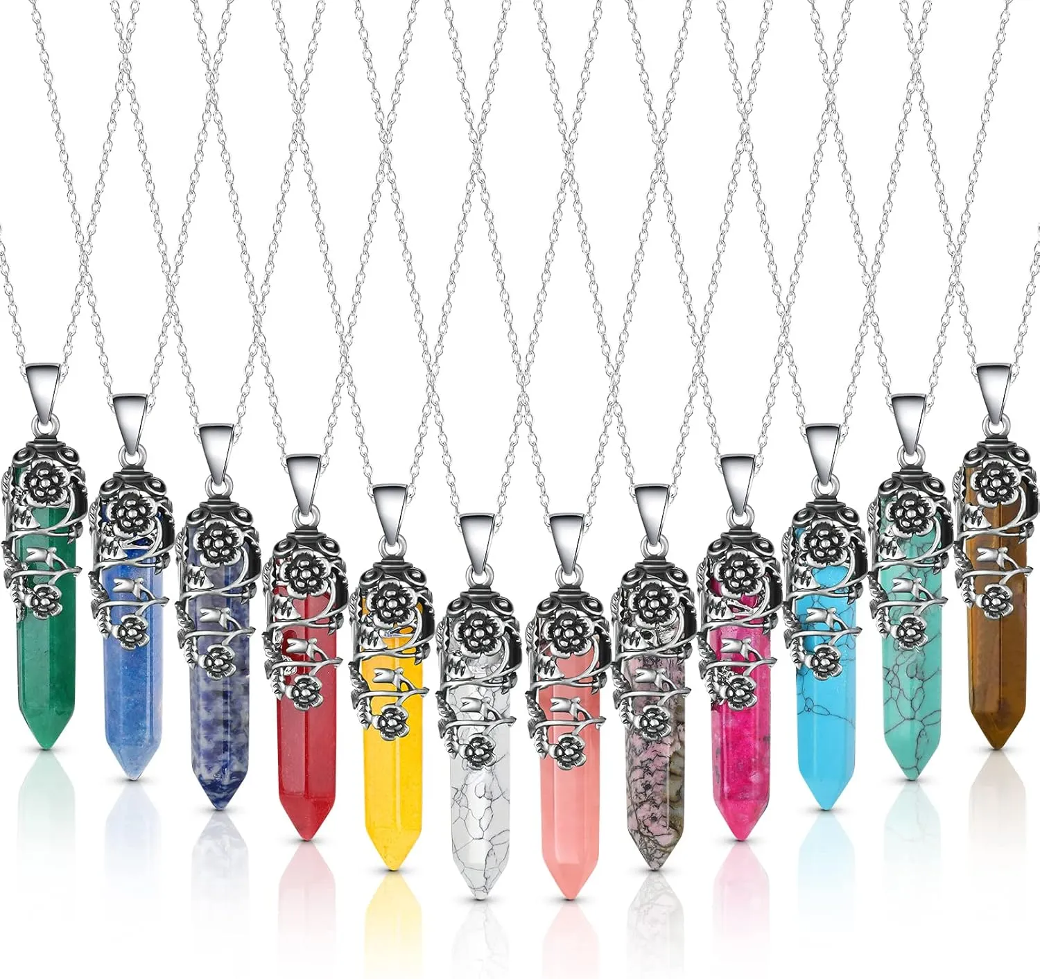 Sureio 12 Pcs Healing Crystal Necklace Hexagonal Healing Flower Wrapped Crystal Point Pendant Natural Quartz Point Necklace with Chain for Women natural stones
