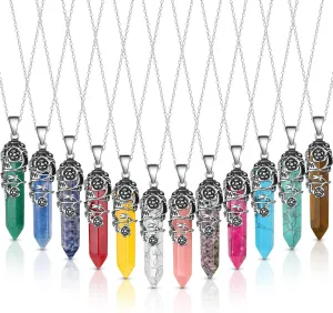Sureio 12 Pcs Healing Crystal Necklace Hexagonal Healing Flower Wrapped Crystal Point Pendant Natural Quartz Point Necklace with Chain for Women natural stones