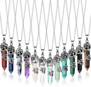 Sureio 12 Pcs Healing Crystal Necklace Hexagonal Healing Flower Wrapped Crystal Point Pendant Natural Quartz Point Necklace with Chain for Women