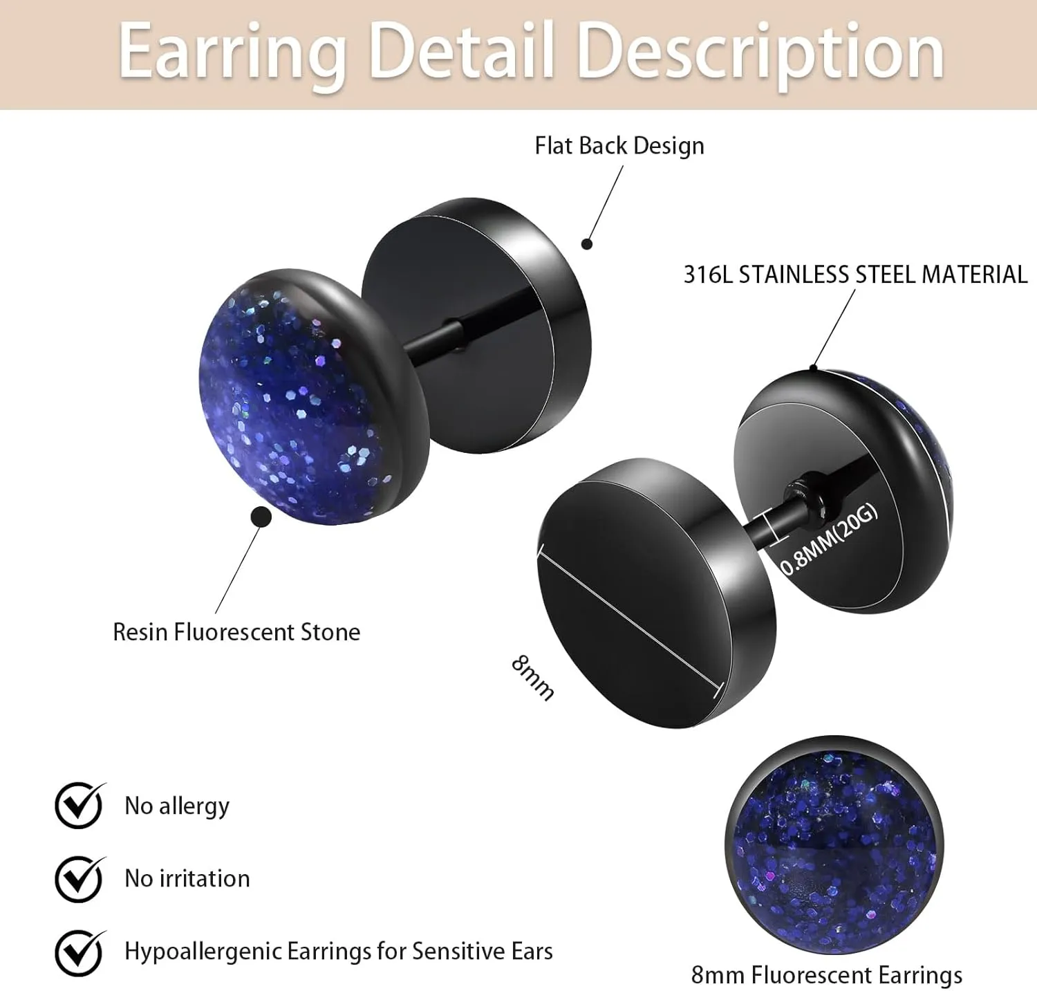 Surgical Stainless Steel Stud Earrings for Women Men Black Gold Plated Fluorescent Flat Back Hypoallergenic Earrings Suitable for Sensitive Ears