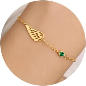 Sympathy Gifts for Loss of Loved One Birthstone Bracelets for Women 14K Gold Plated Angel Wing Memory Bracelet Sorry for Your Loss Gifts Memorial Protection Remembrance Birthday Jewelry