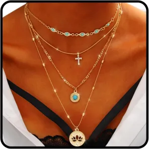 Tgirls Gold Multilayer Necklace Boho Turquoise Choker Necklaces Cross Pendant Necklace Jewelry