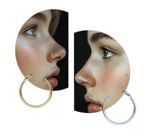 Thin Fake Nose Rings Set - 14k Gold Filled & 925 Sterling Silver Faux Nose Hoops - 22 gauge Fake Piercing Jewelry for Women