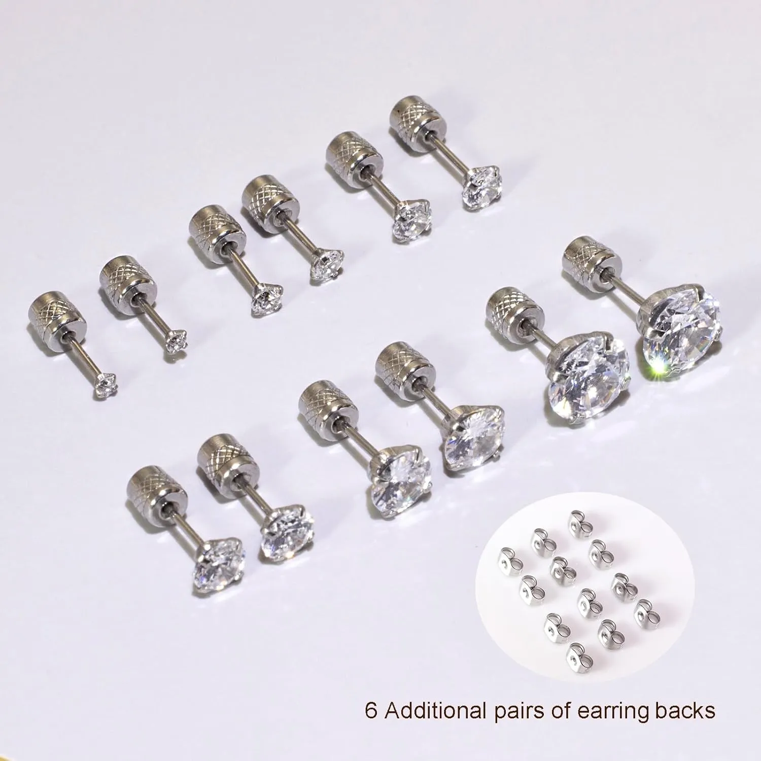 Threadless Flat Back Stud Earrings, 6 Pairs Titanium Hypoallergenic Earrings for Women Men, Cubic Zirconia Silver Gold Stud Earrings Surgical Stainless Steel Stud Earring Set for Cartilage 2-8mm