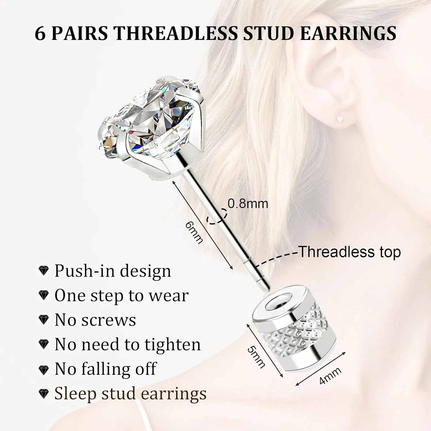 Threadless Flat Back Stud Earrings, 6 Pairs Titanium Hypoallergenic Earrings for Women Men, Cubic Zirconia Silver Gold Stud Earrings Surgical Stainless Steel Stud Earring Set for Cartilage 2-8mm