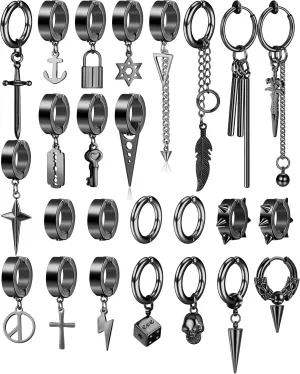 Thunaraz 25 Pcs Clip on Earrings for Men Stainless Steel Cross Chain Dangle Earrings Black Fake Earrings for Men Women Non Pierced Huggie Hoop Earrings Set