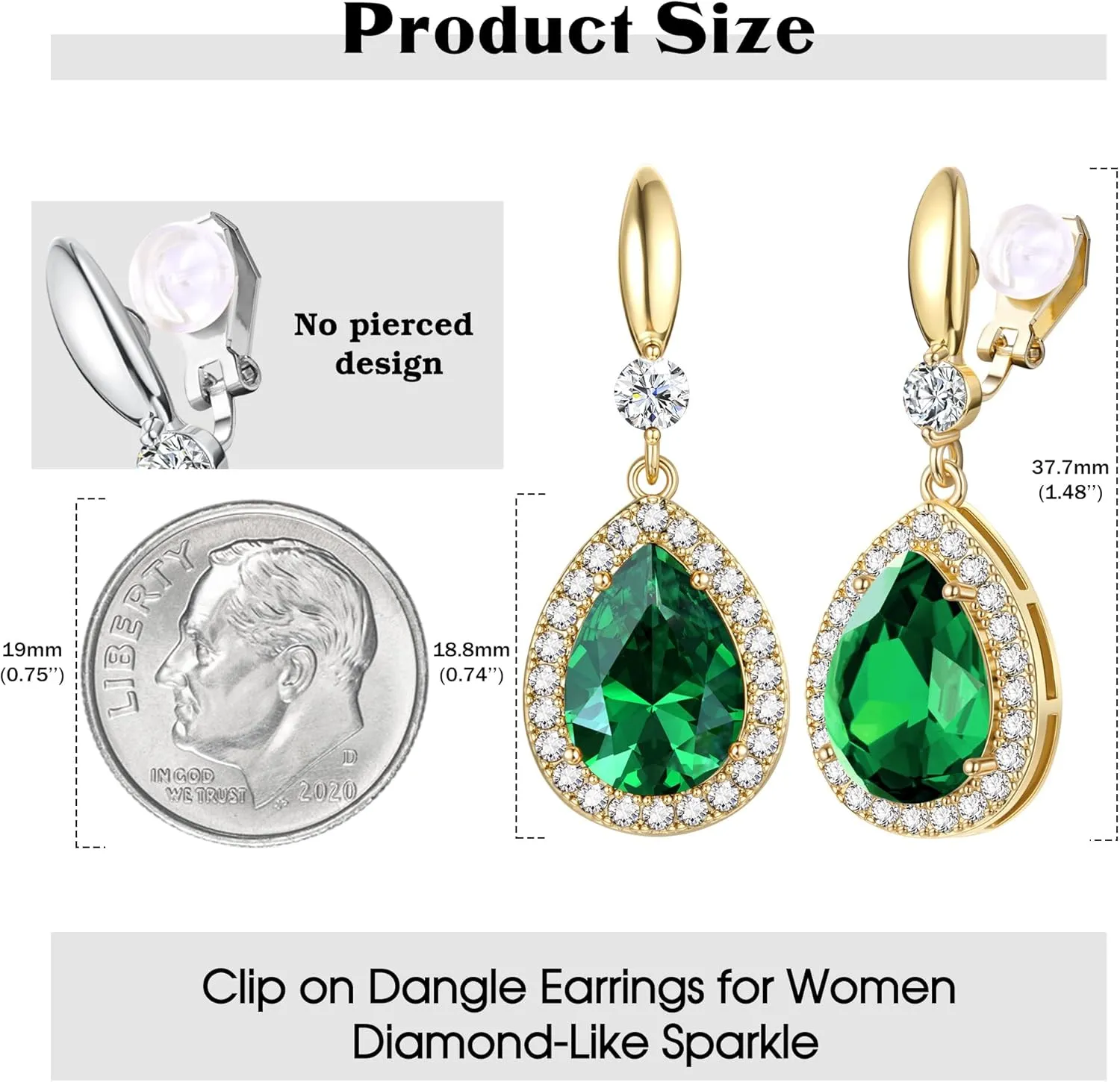 THUNARAZ Elegant Clip on Earrings for Women Sparkling Teardrop Dangle Clip Earrings Non-Pierced Rhinestone Cubic Zirconia Wedding Prom Jewelry 14K Gold and Silver Tone