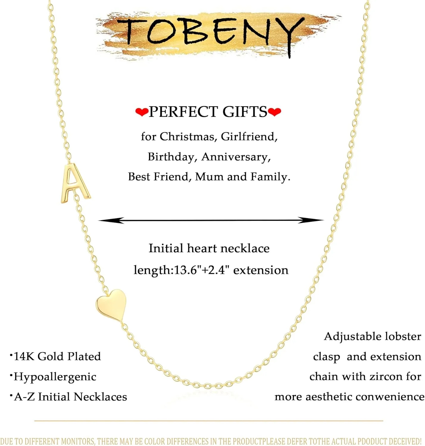 TOBENY Dainty Gold Initial Necklaces for Women,14k Gold Plated Sideways Letter Necklace Personalized A-Z Name Heart Choker Necklace Tiny Cute Monogram Necklace Jewelry Gift