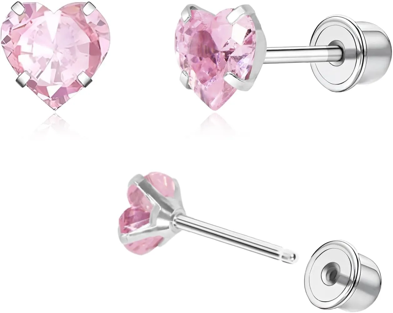 Toddler Earrings Push-in Threadless Flat Back Earrings for Girls Women Hypoallergenic Titanium Cartilage Earring for Sensitive Ears Cute Pearl Pink Heart Flower Star Cubic Zirconia Studs Earrings Set