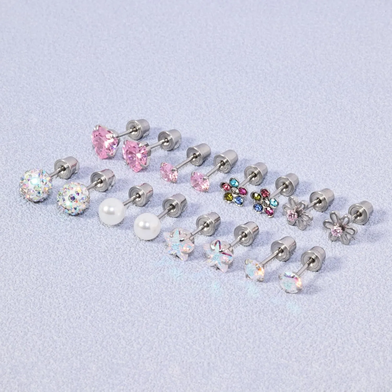 Toddler Earrings Push-in Threadless Flat Back Earrings for Girls Women Hypoallergenic Titanium Cartilage Earring for Sensitive Ears Cute Pearl Pink Heart Flower Star Cubic Zirconia Studs Earrings Set