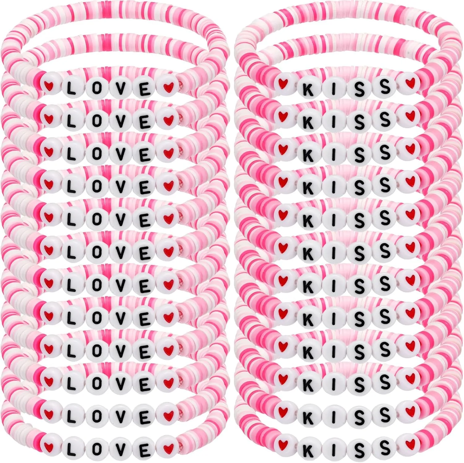 Tondiamo 24 Pcs Valentine's Day Bracelet for Women Pink Heart Love Clay Beaded Stretch Bracelets Bulk Cute Valentines Day Friendship Stackable Bracelets for Valentines Day Accessories Jewelry Gifts