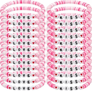 Tondiamo 24 Pcs Valentine's Day Bracelet for Women Pink Heart Love Clay Beaded Stretch Bracelets Bulk Cute Valentines Day Friendship Stackable Bracelets for Valentines Day Accessories Jewelry Gifts