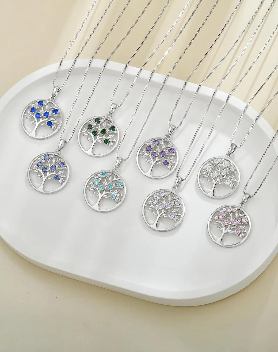 Tree of Life Necklace for Women - Solid Sterling Silver 18K White Gold Plated Birthstone Pendant - Wife Mom Mother Grandmother Birthday Anniversary Jewelry