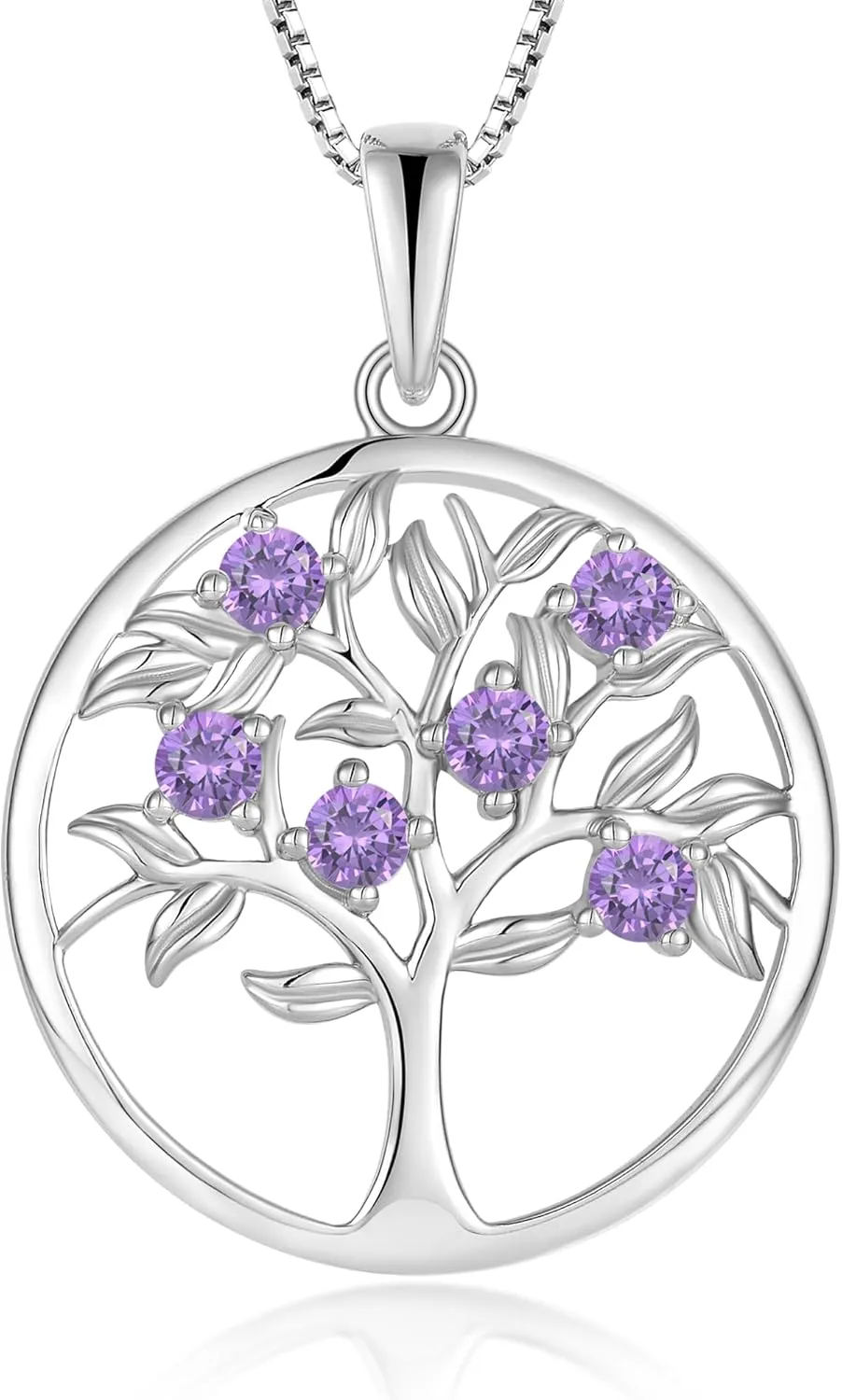 Tree of Life Necklace for Women - Solid Sterling Silver 18K White Gold Plated Birthstone Pendant - Wife Mom Mother Grandmother Birthday Anniversary Jewelry