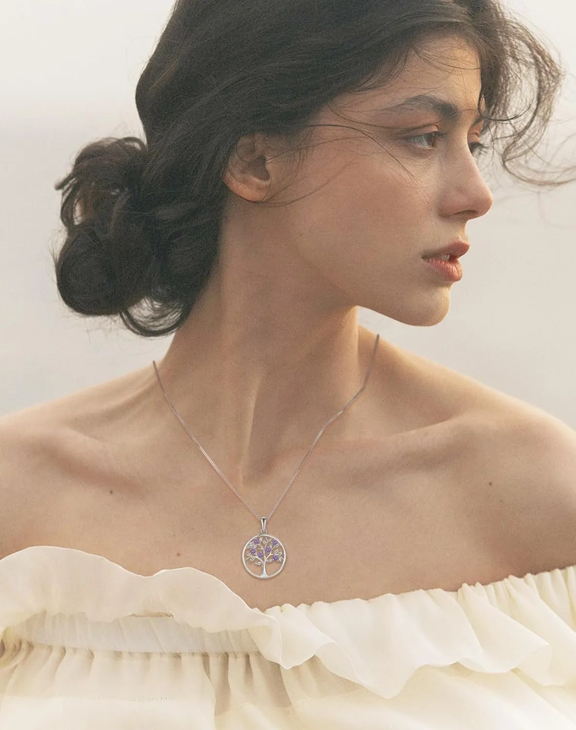 Tree of Life Necklace for Women - Solid Sterling Silver 18K White Gold Plated Birthstone Pendant - Wife Mom Mother Grandmother Birthday Anniversary Jewelry