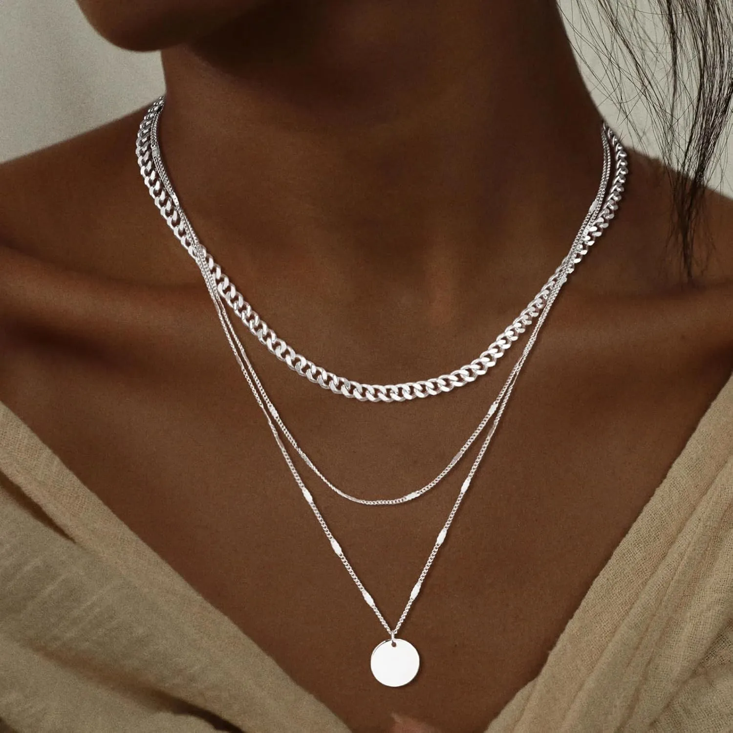 Trendy Layered Gold/Silver Necklaces for Women 14K Gold/Silver Plated Stackable Choker Necklace Dainty Simple Jewelry Set Layering Cuban Circle Pendant Chain