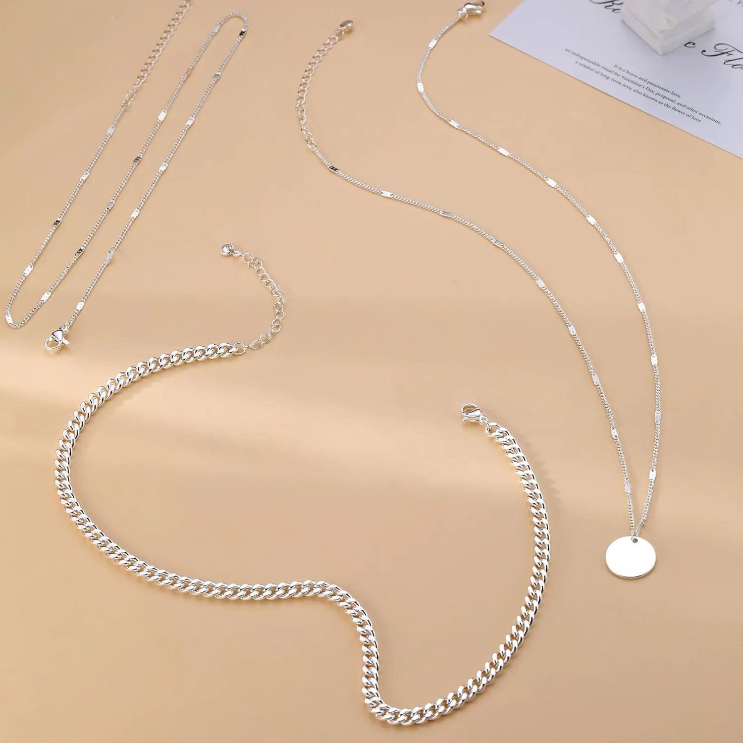 Trendy Layered Gold/Silver Necklaces for Women 14K Gold/Silver Plated Stackable Choker Necklace Dainty Simple Jewelry Set Layering Cuban Circle Pendant Chain