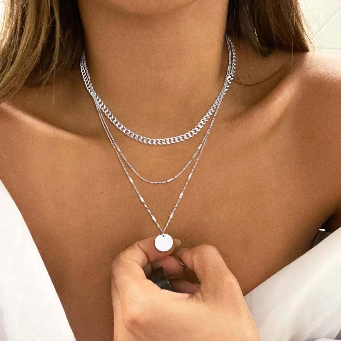 Trendy Layered Gold/Silver Necklaces for Women 14K Gold/Silver Plated Stackable Choker Necklace Dainty Simple Jewelry Set Layering Cuban Circle Pendant Chain