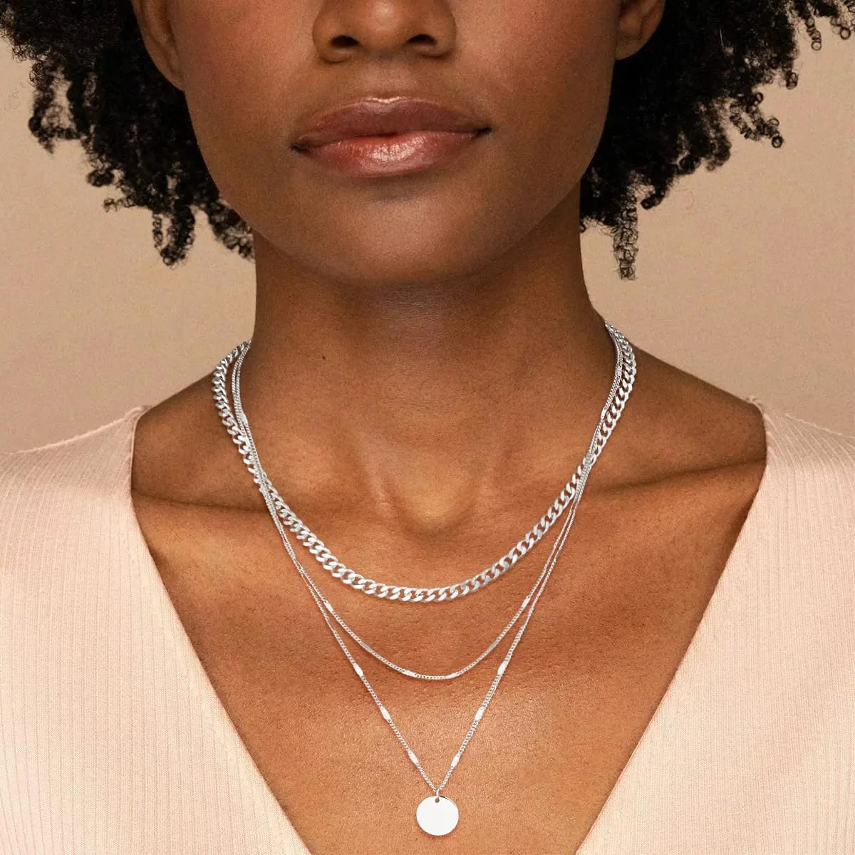 Trendy Layered Gold/Silver Necklaces for Women 14K Gold/Silver Plated Stackable Choker Necklace Dainty Simple Jewelry Set Layering Cuban Circle Pendant Chain