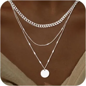 Trendy Layered Gold/Silver Necklaces for Women 14K Gold/Silver Plated Stackable Choker Necklace Dainty Simple Jewelry Set Layering Cuban Circle Pendant Chain