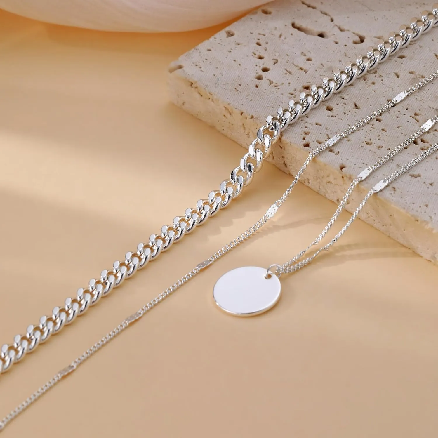 Trendy Layered Gold/Silver Necklaces for Women 14K Gold/Silver Plated Stackable Choker Necklace Dainty Simple Jewelry Set Layering Cuban Circle Pendant Chain