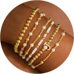 Turandoss 6PCS Beaded Initial Bracelets for Women, 18K Gold Plated Beaded Initial Letter Bracelet for Girls Women, Initial A-Z Stretch Bead Stackable Bracelet Jewelry Set Gifts