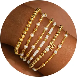 Turandoss 6PCS Beaded Initial Bracelets for Women, 18K Gold Plated Beaded Initial Letter Bracelet for Girls Women, Initial A-Z Stretch Bead Stackable Bracelet Jewelry Set Gifts