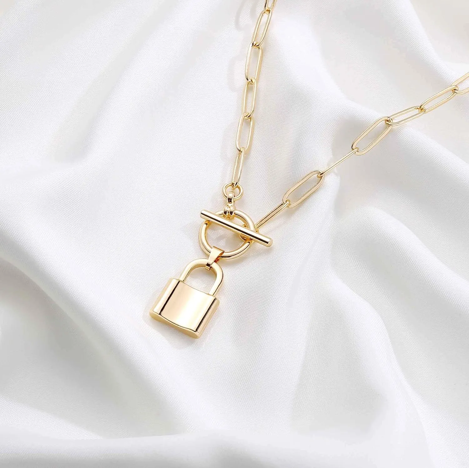 Turandoss Gold Necklaces for Women - 14K Gold Plated Lock Evil Eye Medallion Vintage Coin Necklace Bee Sun Moon Shell Gold Chain Necklace Layered Paperclip Chain Necklaces for Women Jewelry Gifts