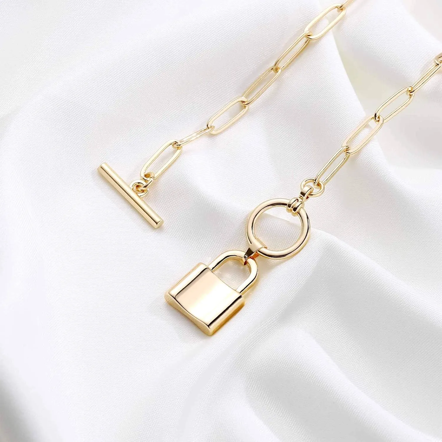 Turandoss Gold Necklaces for Women - 14K Gold Plated Lock Evil Eye Medallion Vintage Coin Necklace Bee Sun Moon Shell Gold Chain Necklace Layered Paperclip Chain Necklaces for Women Jewelry Gifts