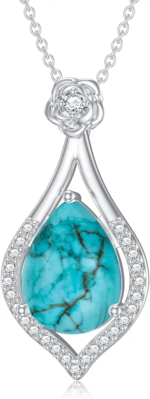 Turquoise Rose Necklace 925 Sterling Silver Genuine Blue Green Turquoise Flower Pendant Jewelry Birthday Gift for Women Wife Mom Her
