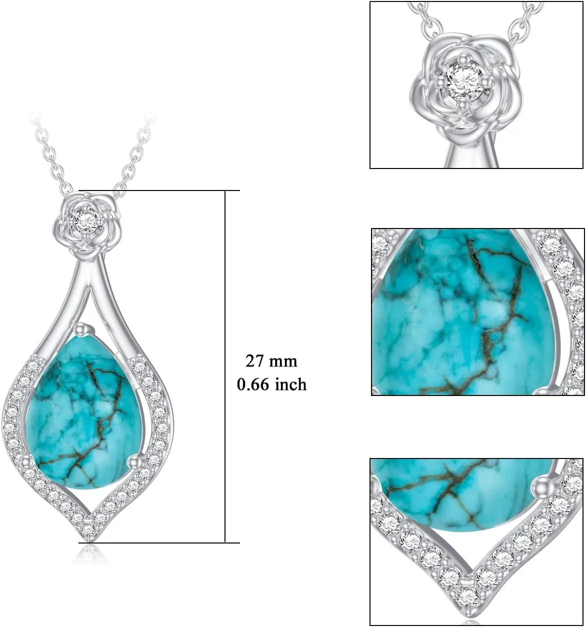 Turquoise Rose Necklace 925 Sterling Silver Genuine Blue Green Turquoise Flower Pendant Jewelry Birthday Gift for Women Wife Mom Her