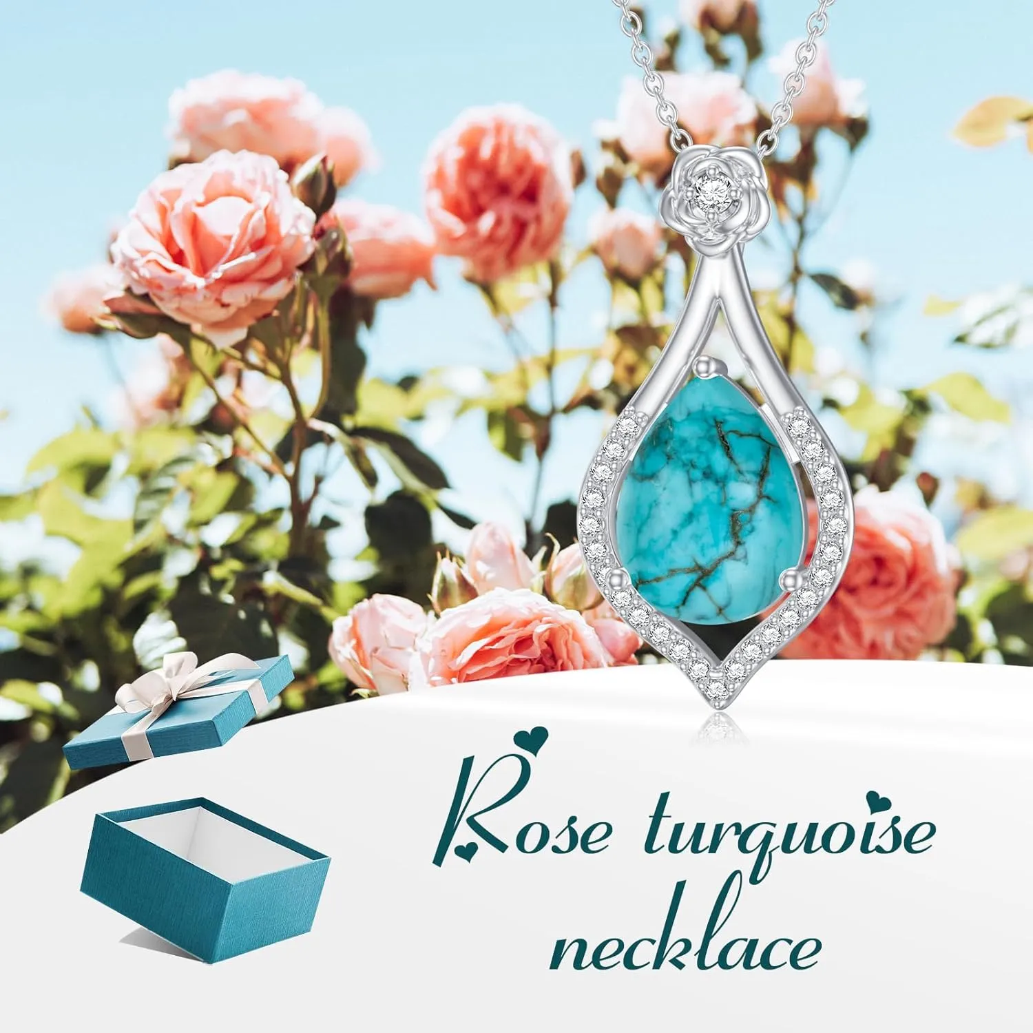 Turquoise Rose Necklace 925 Sterling Silver Genuine Blue Green Turquoise Flower Pendant Jewelry Birthday Gift for Women Wife Mom Her