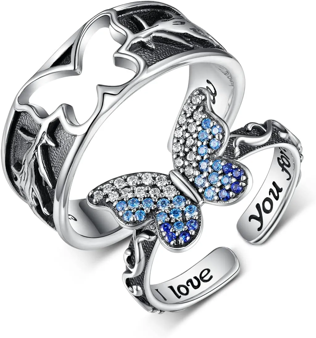 TYSO Matching Butterfly Rings 925 Sterling Silver I Love You Forever Engagement Wedding Ring Band Sets His and Hers Promise Rings for Couples Valentines Day Jewelry