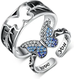 TYSO Matching Butterfly Rings 925 Sterling Silver I Love You Forever Engagement Wedding Ring Band Sets His and Hers Promise Rings for Couples Valentines Day Jewelry