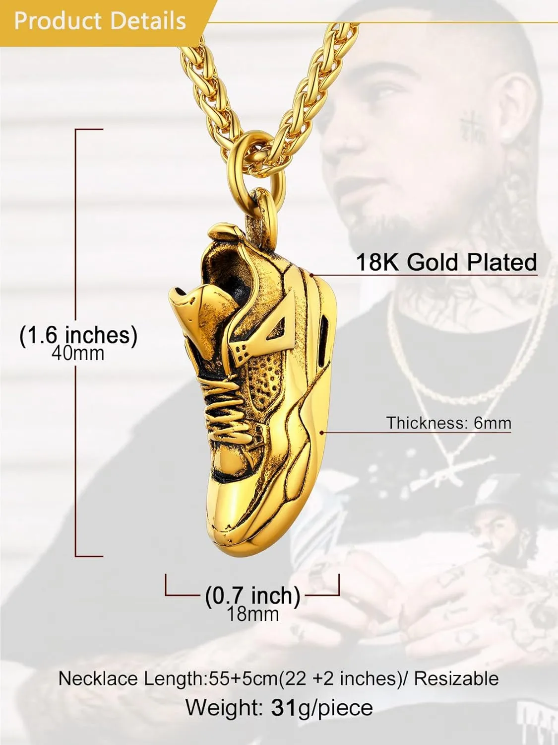 U7 Men Soccer/Football/Baseball Chain Stainless Steel 18K Gold Plated Cool Sport Pendant Running Shoe Necklaces, Baseball Cross Necklaces with 22 2" Chain Gift for Husband or Son