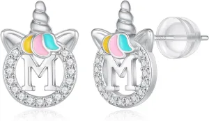 Unicorn Earrings for Girls Kids, Sterling Silver Post Earrings Unicorn Earrings for Girls Hypoallergenic Initial Earrings for Girls Kids Toddler Little Girls Gifts Christmas Gifts for Teen Girls