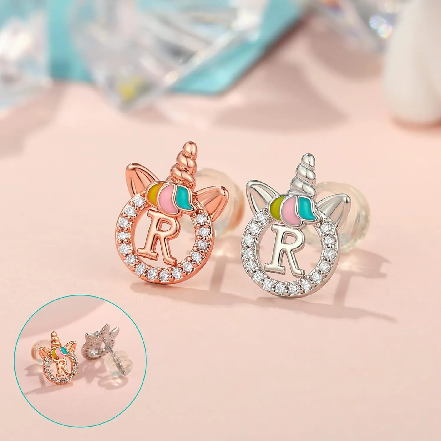 Unicorn Earrings for Girls Kids, Sterling Silver Post Earrings Unicorn Earrings for Girls Hypoallergenic Initial Earrings for Girls Kids Toddler Little Girls Gifts Christmas Gifts for Teen Girls