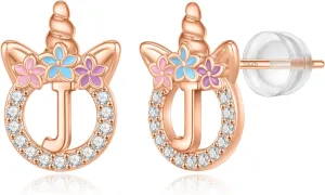 Unicorns Gifts for Girls Earrings, Rose Gold Plated Letter J Initial Earrings for Girls Toddler Earrings Unicorn Earrings for Girls Jewelry Unicorns Gifts for Girls Baby Earrings Kids Earrings