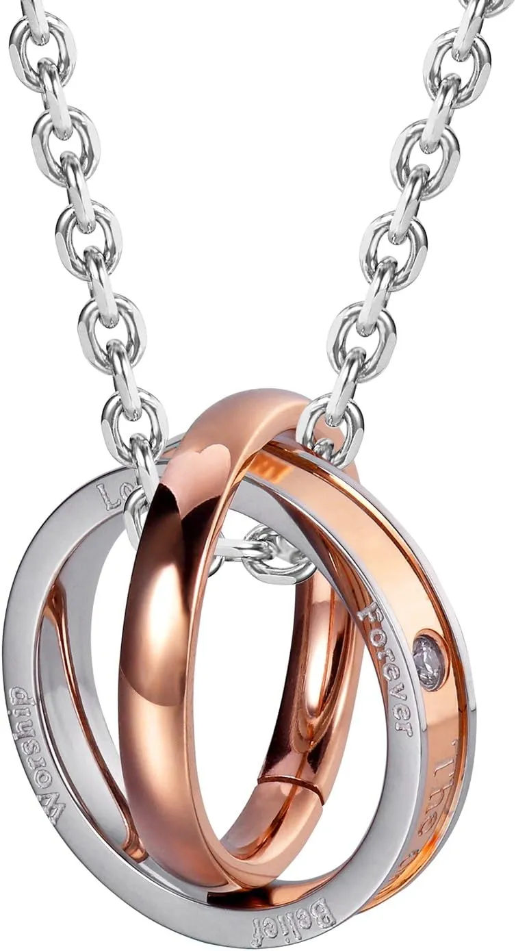 Urban Jewelry His & Hers Couples Engraved Double Ring Pendant Necklace