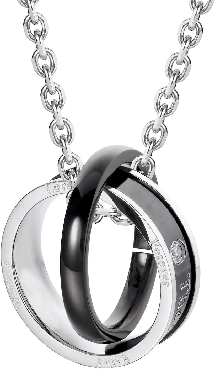 Urban Jewelry His & Hers Couples Engraved Double Ring Pendant Necklace