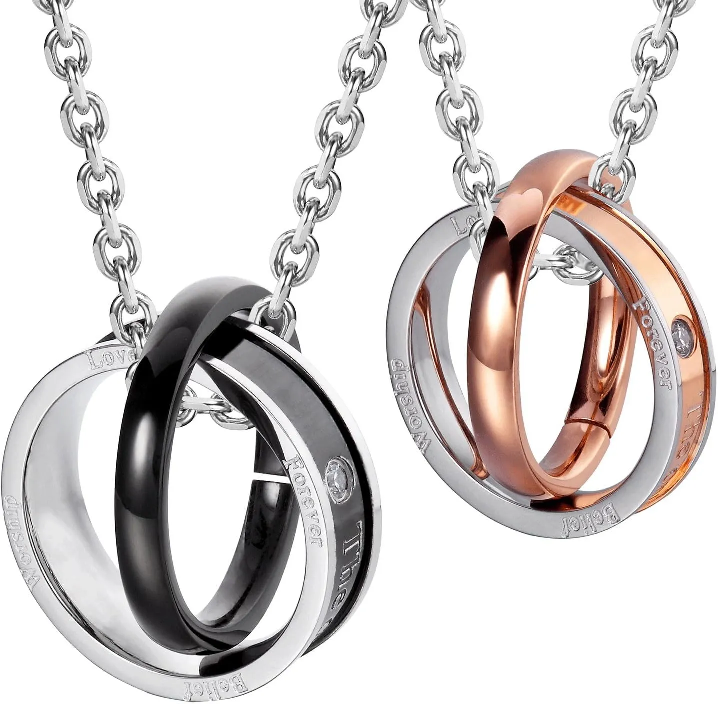 Urban Jewelry His & Hers Couples Engraved Double Ring Pendant Necklace